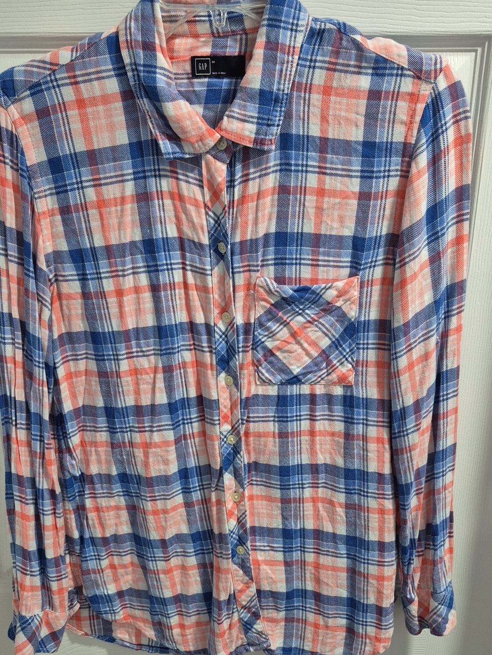 GAP Kids Coral and Blue Plaid Button-Up Pajama Top
